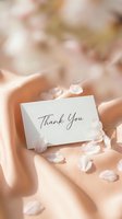 Thank you card with elegant script on soft peach silk fabric surrounded by delicate cherry blossom petals, perfect for wedding and event stationery.