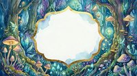 Watercolor enchanted forest frame with glowing mushrooms, twisted trees, and golden border, perfect for fantasy cards and invitations.