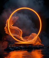 Glowing orange neon circle with flowing fabric over stone platform reflects in dark water, surrounded by dramatic smoke and mysterious atmosphere.