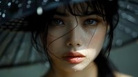 Young Asian woman with intense blue eyes and wet hair under dappled light, creating dramatic shadows and highlights on her face. Artistic portrait.