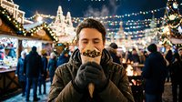 Young Asian man enjoying hot beverage at festive Christmas market with twinkling lights and holiday decorations creating magical winter atmosphere.