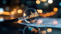 Magnifying glass reflecting urban skyline silhouette with bokeh lights background, creative photography with mirror reflection on dark surface.