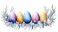 Watercolor Easter eggs arrangement with delicate foliage and berries in pastel colors, decorated with floral elements on white background. Suitable for holiday designs.