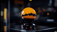 Glowing orange crystal ball on dark stand reflects city skyline silhouette against moody black background with bokeh lights, creating mystical atmosphere.