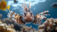 Majestic lionfish swimming in blue waters, displaying vibrant striped fins and spines against coral reef background, exotic marine predator in natural habitat.