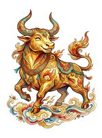 Ornate golden bull with decorative horns and intricate patterns, isolated on white background. Ideal for t-shirt designs, clipart, and merchandise applications.