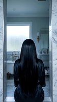 Woman with long black hair in silk robe sitting at luxury bathroom entrance with marble details and modern fixtures for wellness and self-care concepts.