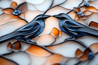 Artistic paper craft design featuring two symmetrical blue ravens among orange and white floral elements creating depth and dimension through layered paper technique.