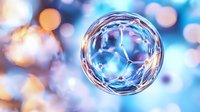 Magical soap bubble floating in air against blurred bokeh background in blue and orange tones, showing light refraction and delicate surface tension patterns.