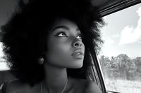 Young African American woman with natural afro hair gazing upward thoughtfully through car window, artistic black and white portrait capturing contemplative moment.