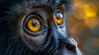 Close-up portrait of young primate with striking golden amber eyes and detailed facial features against warm bokeh background for wildlife photography.