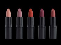 Five matte lipsticks in nude, mauve, coral, plum, and taupe shades, isolated on transparent background, ready for beauty, cosmetics, T-shirt, sticker, and print on demand designs.