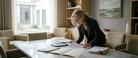 Mature woman with gray hair and glasses, wearing a dark blazer, reviewing documents at a white marble table in a modern office with built-in shelving and natural light from windows.