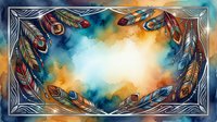 Colorful feathers frame with tribal patterns on watercolor background for bohemian designs and spiritual artwork projects.
