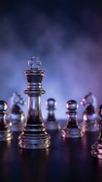 Glass chess king piece stands prominently on board with purple blue gradient background representing strategy leadership and business success concepts.