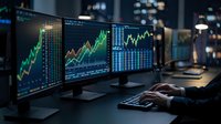Financial trader analyzing stock market data on multiple monitors showing green upward trending charts and graphs in modern trading office environment.