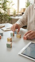 Adult male hand arranging wooden blocks with sustainability icons on white desk near tablet and notebook in bright office with plants, representing eco-friendly business strategy.