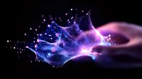 Magical purple and blue particle wave with glowing light effects and sparkling dots flowing in dark space, creating ethereal cosmic motion effect.
