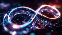 Infinity symbol glowing with neon blue and orange light effects on dark background with digital circuit pattern and bokeh elements. For technology concepts.