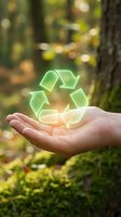 Hand holding glowing green recycling symbol in forest setting representing environmental conservation and sustainable living practices.