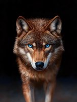 Majestic brown wolf with piercing blue eyes against dark background, dramatic lighting emphasizes facial features and fur texture. Close-up portrait shows wild nature.