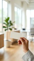 Hand holding blank white business card in modern bright office space with natural light and green plant, suitable for corporate branding and professional mockup designs.