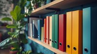 Colorful office binders arranged on wooden shelf with green plant decoration, organized filing system for document storage and business management.