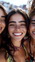 Three young diverse women laughing together outdoors in bright sunlight wearing colorful bohemian jewelry and accessories during summer friendship moment.