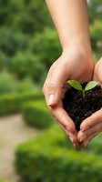 Hands holding heart-shaped soil with green seedling sprout, symbolizing environmental care, sustainability, and eco-friendly growth for conservation projects.