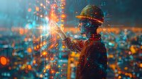 Futuristic construction worker in protective helmet interacting with holographic data interface against urban night cityscape with glowing orange and blue digital elements.