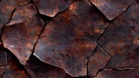 Cracked rusty metal surface with deep fissures and weathered oxidation patterns showing rough corrosion texture and dark brown patina. Macro photography.