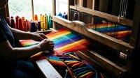 Artisan weaving vibrant rainbow textile on a wooden loom, colorful yarn spools in background, traditional handcraft workshop scene.