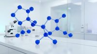 Blue molecular structure model in modern laboratory setting with microscope and equipment for scientific research and education purposes.
