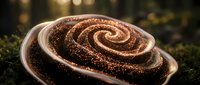 Magical glowing spiral shell with golden sparkles resting on moss in enchanted forest setting. Fantasy nature concept for mystical designs and fairy tale themes.