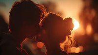 Romantic couple embracing at sunset with warm golden light creating intimate silhouette moment for love and relationship concepts.