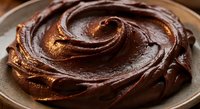 Rich chocolate frosting swirled in decorative pattern on plate, perfect for cake decoration, baking projects, dessert preparation and culinary presentations.