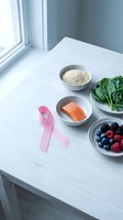 Pink ribbon with healthy foods including salmon, quinoa, berries and leafy greens on white table for breast cancer awareness and nutrition support.