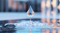 Suspended water drop collision creating crown splash formation with ripples on calm surface, captured in high speed macro photography with soft blue tones.