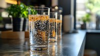 Sparkling water with bubbles in clear glass on kitchen counter with blurred home interior background for refreshing drink concepts.