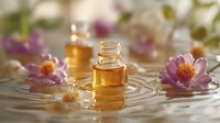 Essential oil bottles with pink flowers floating on rippling water surface, creating tranquil spa atmosphere in warm golden light. Natural aromatherapy concept.