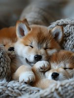 Adorable sleeping Shiba Inu puppies cuddled together in cozy knit blanket, showing peaceful expressions and fluffy ginger fur. Perfect for pet care content.