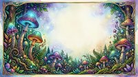 Enchanted forest landscape with glowing mushrooms, magical toadstools, and fantasy woodland scenery framed by ornate borders, suitable for fantasy art, game design, and whimsical illustrations.