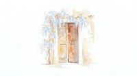 Mediterranean rustic wooden door with climbing vine in watercolor style, perfect for home decor and architectural design projects.