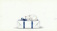 White kitten sleeping on wrapped gift box with blue ribbon, isolated on light background for greeting cards, holiday designs, and festive marketing materials.