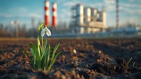 Delicate snowdrop flower blooming near industrial power plant, environmental contrast between nature and industry, pollution concept on blurred background.