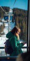 Young woman in green winter jacket using smartphone by window with ski lift and snowy mountain landscape in background.