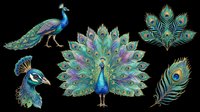 Colorful peacock clipart set with full fan display, side view, head close-up, and feathers, isolated on transparent background. Great for t-shirt design, stickers, print on demand.