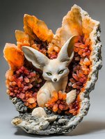 Mystical fennec fox figurine nestled in orange crystal geode formation with red mineral clusters, creating magical nature-inspired decorative piece.