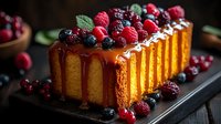 Homemade pound cake topped with fresh raspberries, blueberries and dripping caramel sauce on dark wooden background. Food photography in moody lighting.