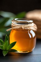 Golden honey in glass jar with twine decoration and fresh green leaves, close-up on dark background. Natural organic sweetener for healthy lifestyle.
